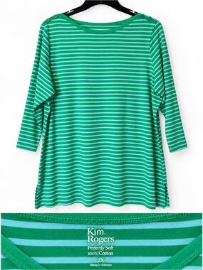 Kim Rogers Green Striped 3/4 sleeve Boatneck Top